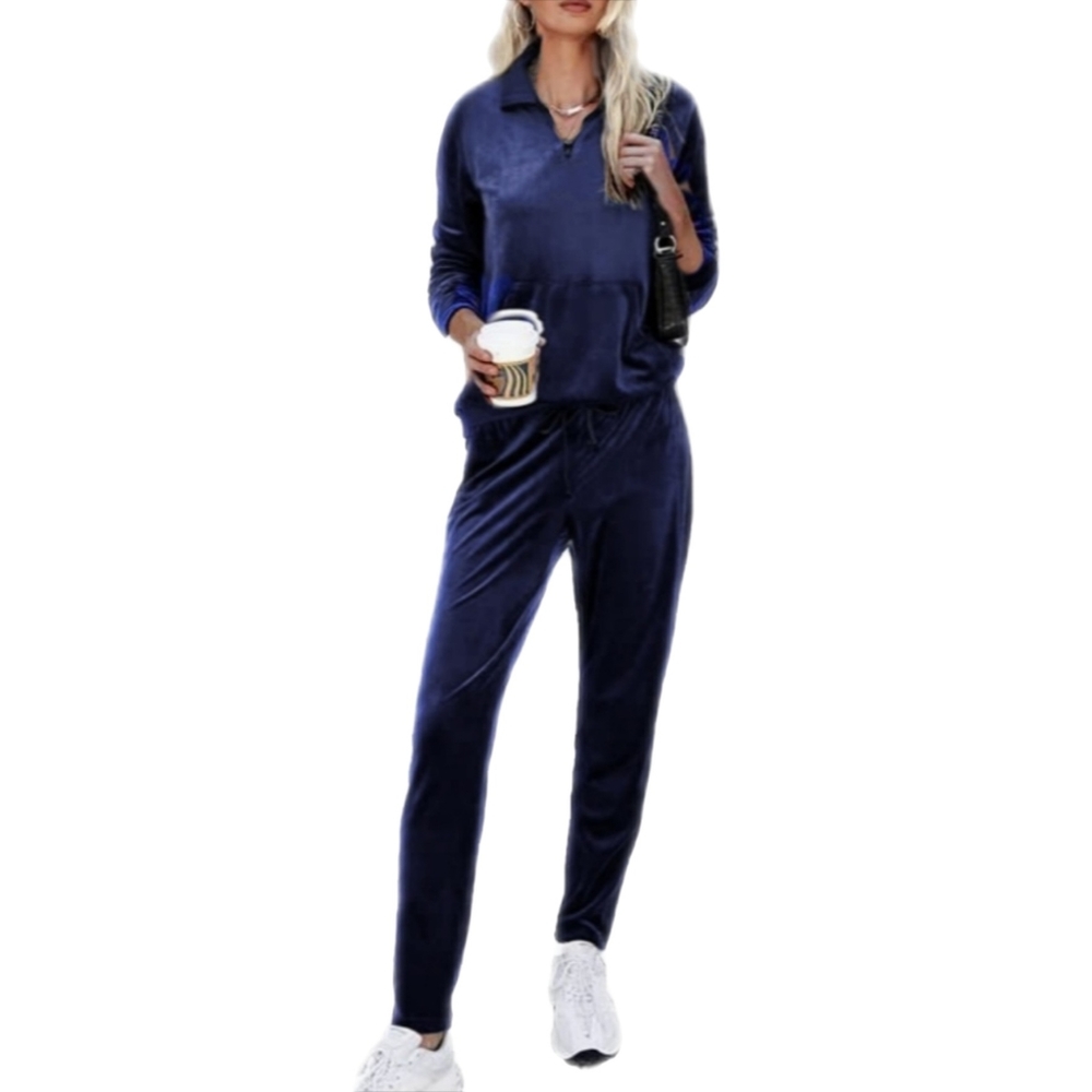 Womens 2 Pc Navy Velour Loungesuit 1/4 Zip Kangaroo Pocket Top & Joggers NWT